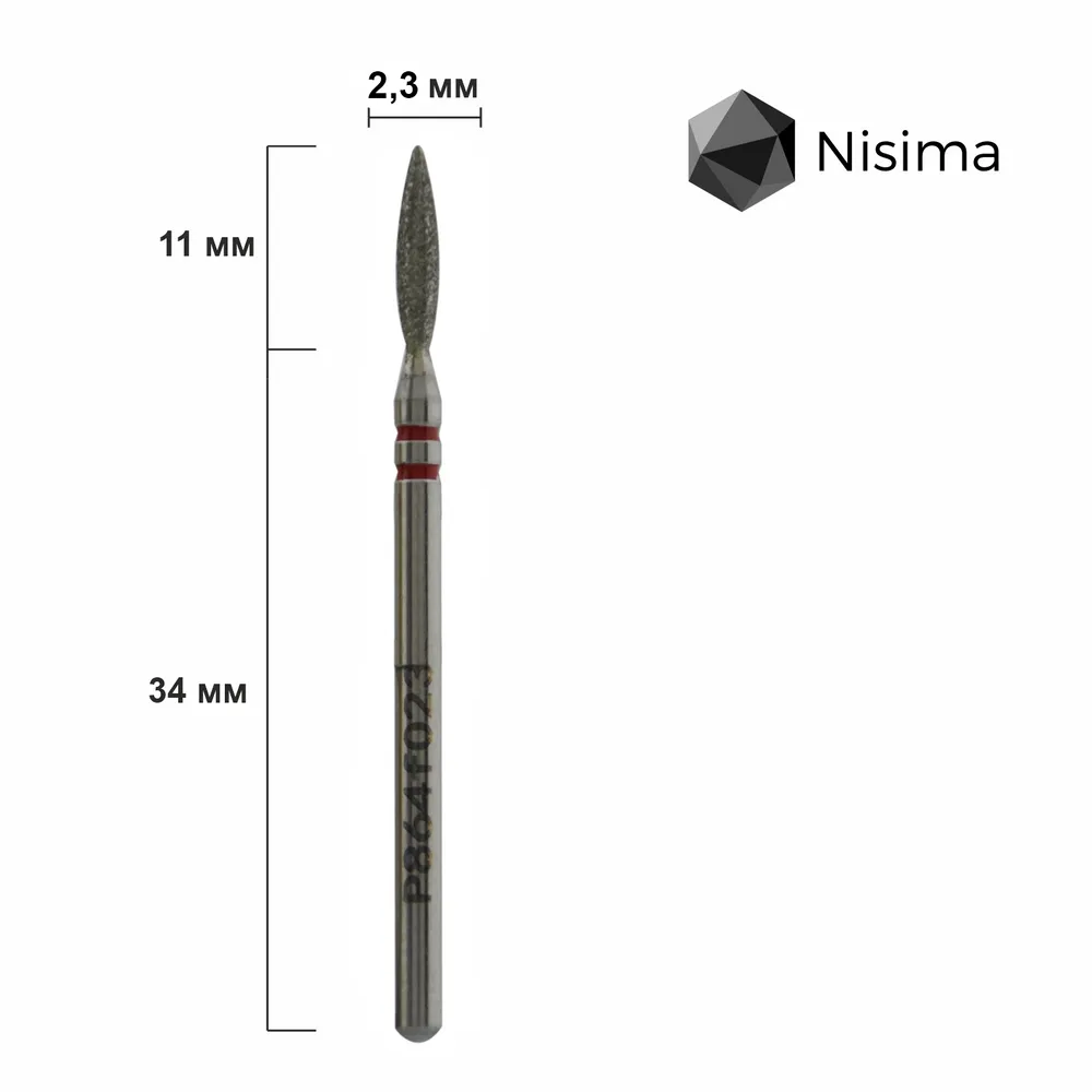 Фреза алмазна Nisima p864f023 полум’я напівтупе, червоний комірець 023